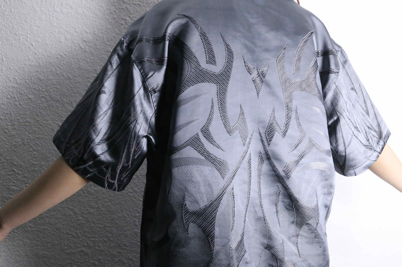 metallic gray tribal pattern open collar shirt