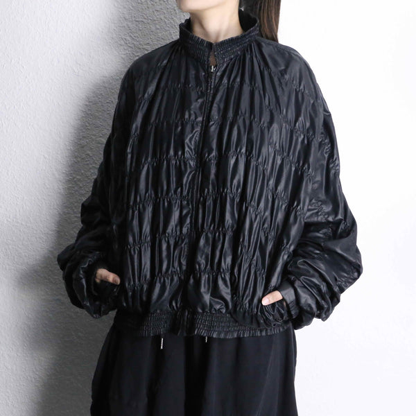 black gather design stand collar zip jacket
