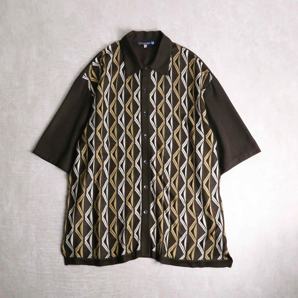 brown color geometry stripe design S/S knit shirt