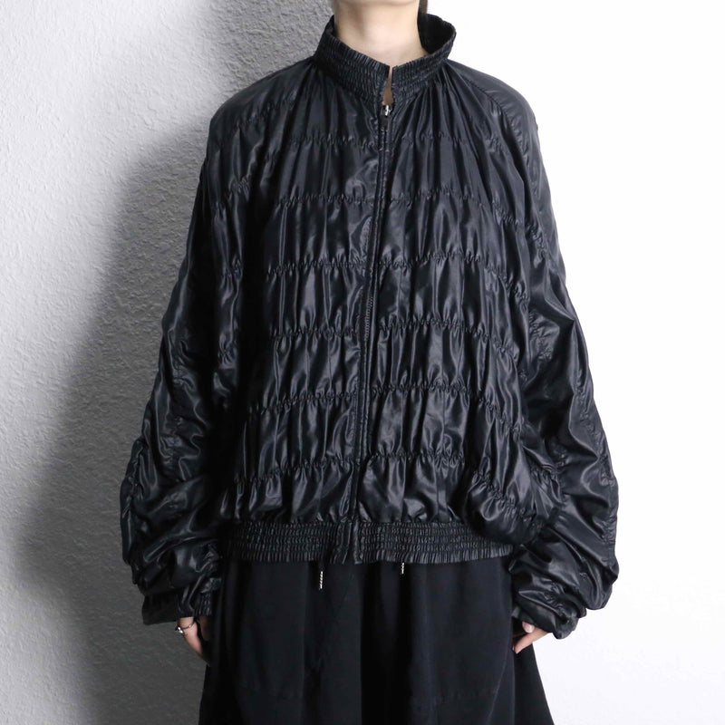 black gather design stand collar zip jacket