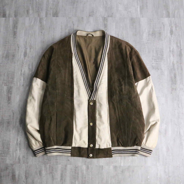 leather × linen switch design cardigan