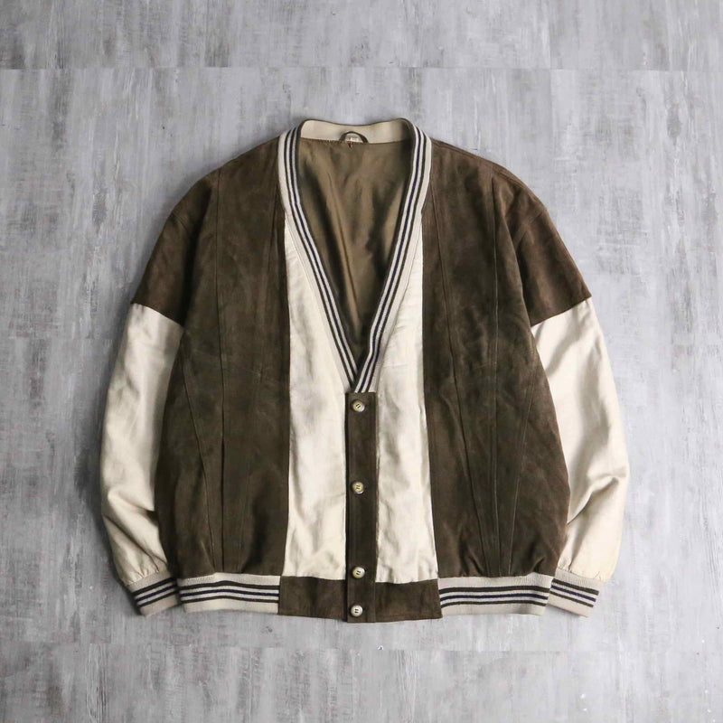 leather × linen switch design cardigan