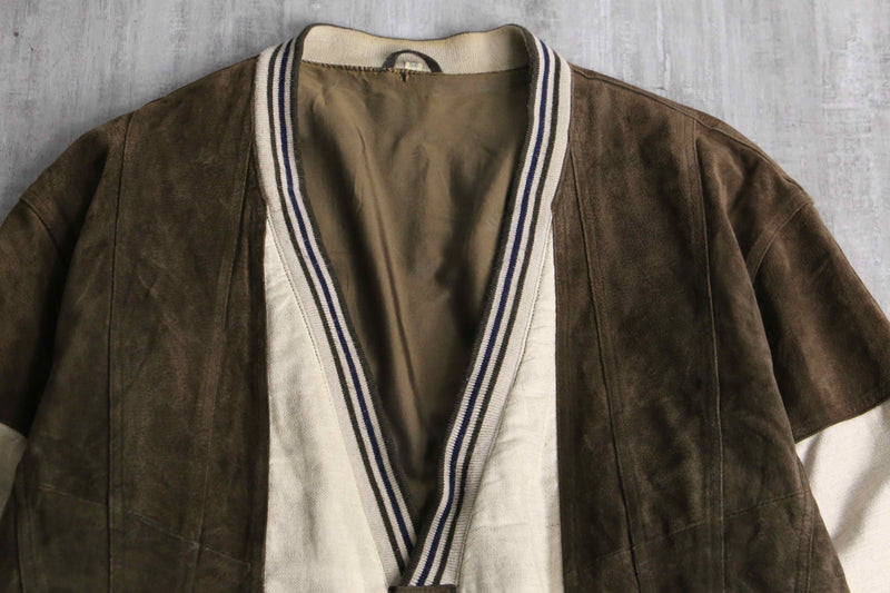 leather × linen switch design cardigan