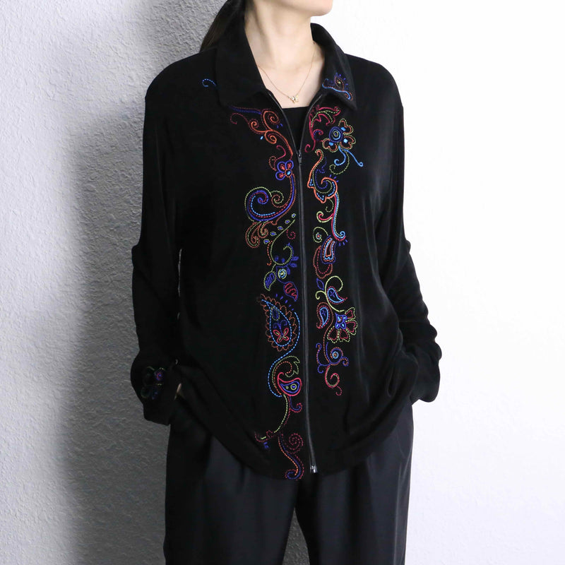 "chico's" acetate stitch embroidery flower design zip up jacket