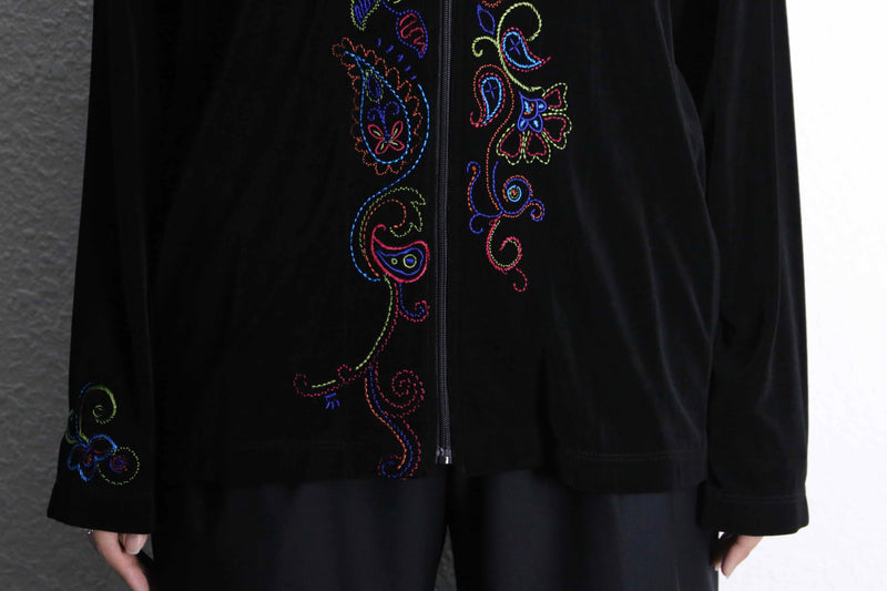"chico's" acetate stitch embroidery flower design zip up jacket