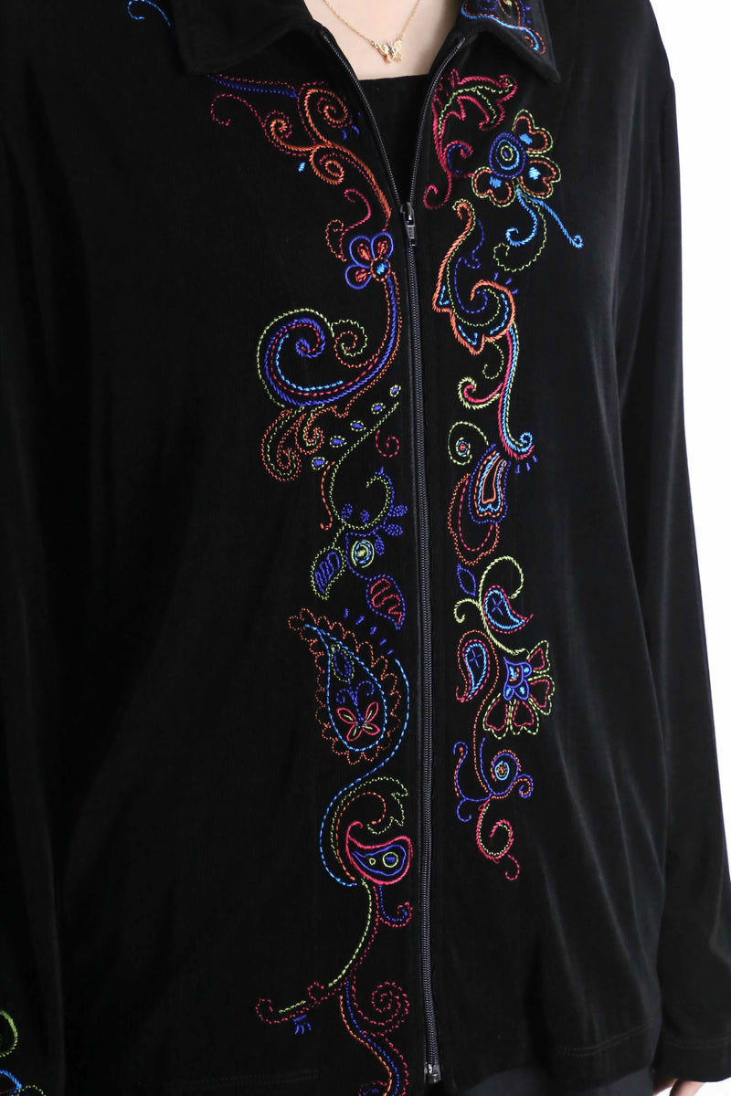 "chico's" acetate stitch embroidery flower design zip up jacket