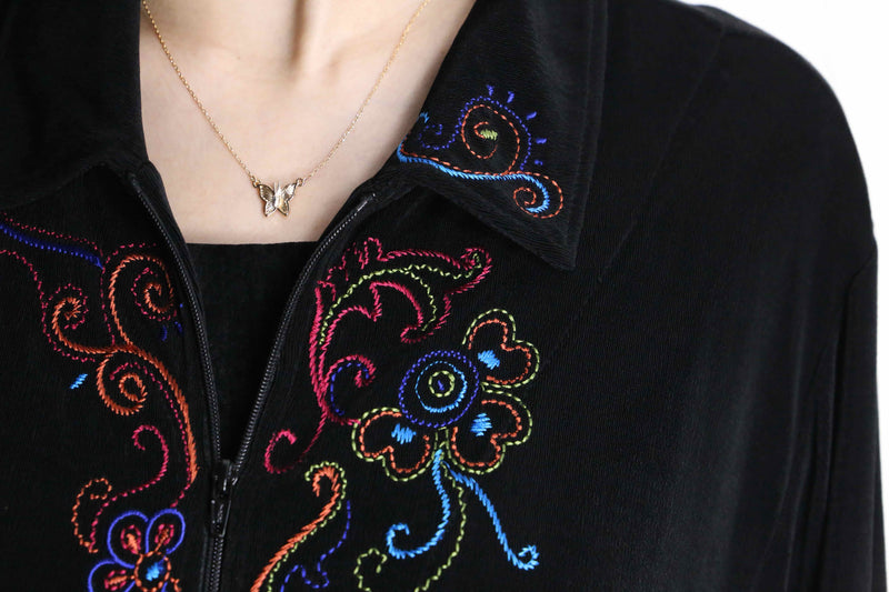 "chico's" acetate stitch embroidery flower design zip up jacket