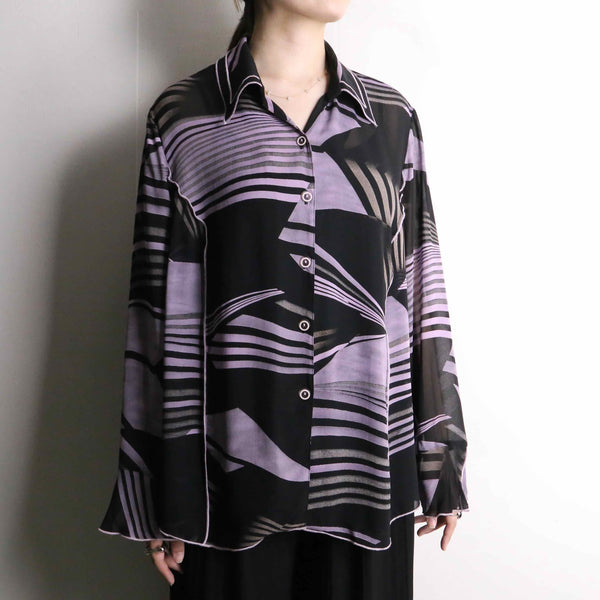 purple×black mellow stitch design sheer shirt