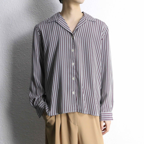 stripe pattern open collar poly shirt
