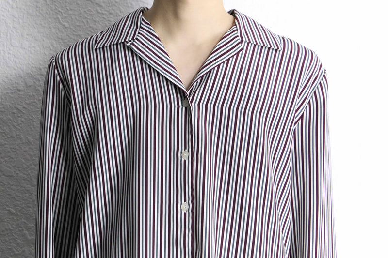 stripe pattern open collar poly shirt