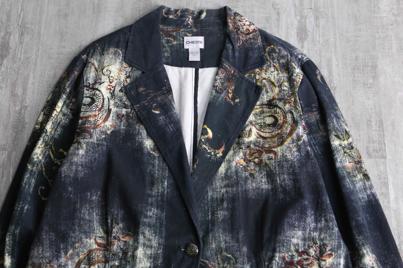 "CHICO'S" abstract botanical pattern easy tailored jacket