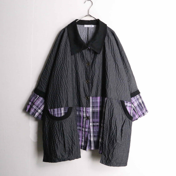 black × purple check pattern layered design jacket
