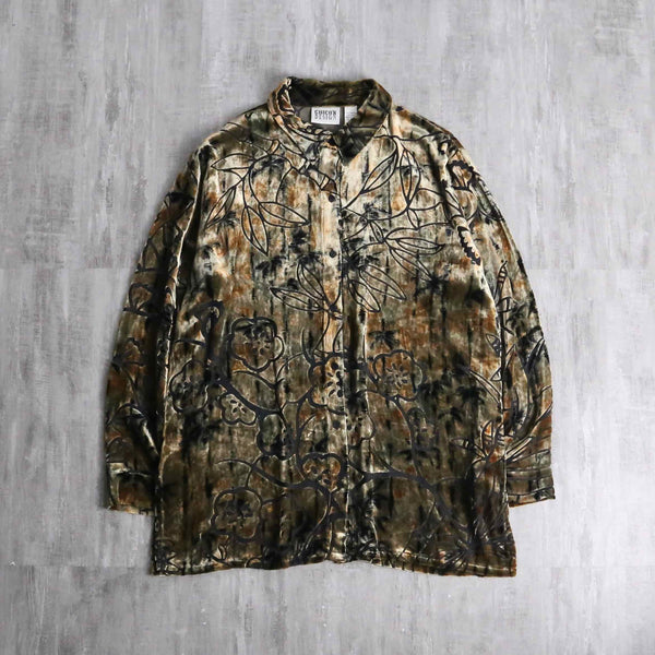 botanical design rayon silk velour sheer shirt