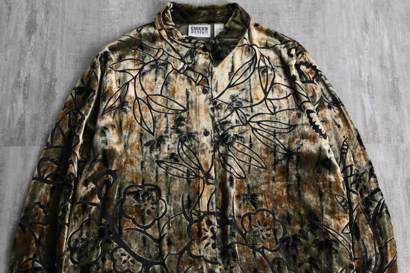 botanical design rayon silk velour sheer shirt