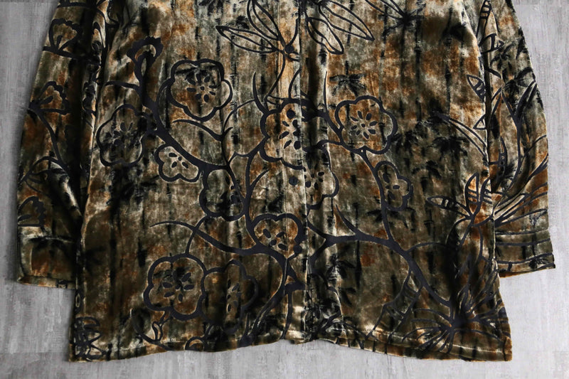 botanical design rayon silk velour sheer shirt