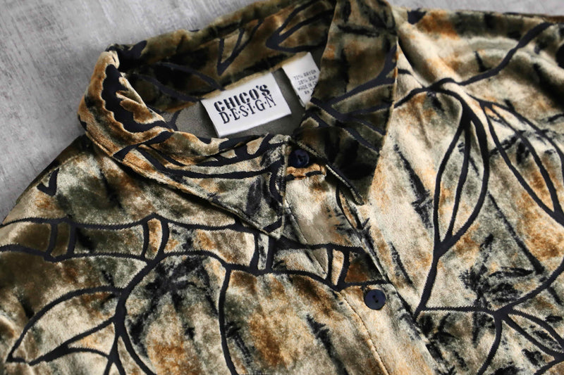 botanical design rayon silk velour sheer shirt