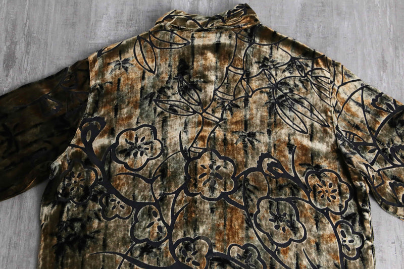 botanical design rayon silk velour sheer shirt