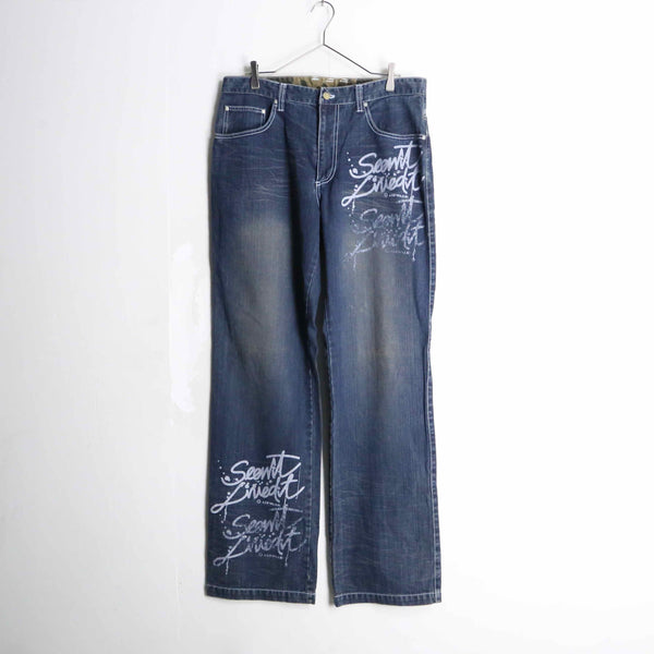 indigo color print design wide straight denim pants