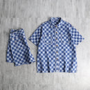 Indigo block check s/s  shirt set up