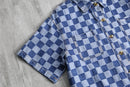 Indigo block check s/s  shirt set up