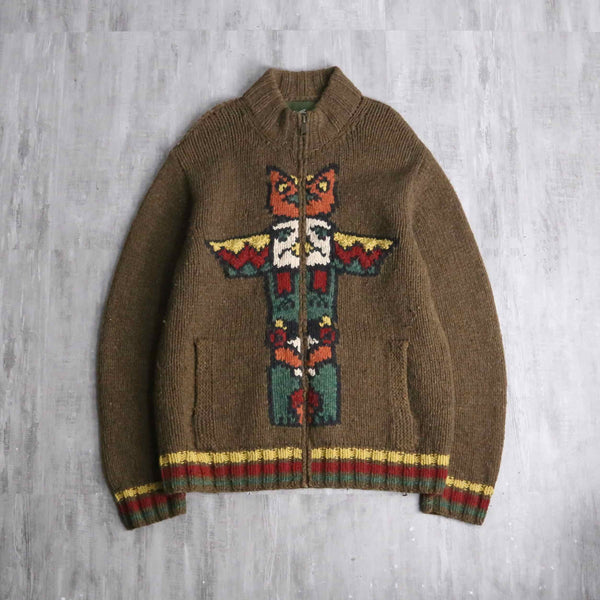"Eddie Bauer" totempole design wool hand knit zip jacket