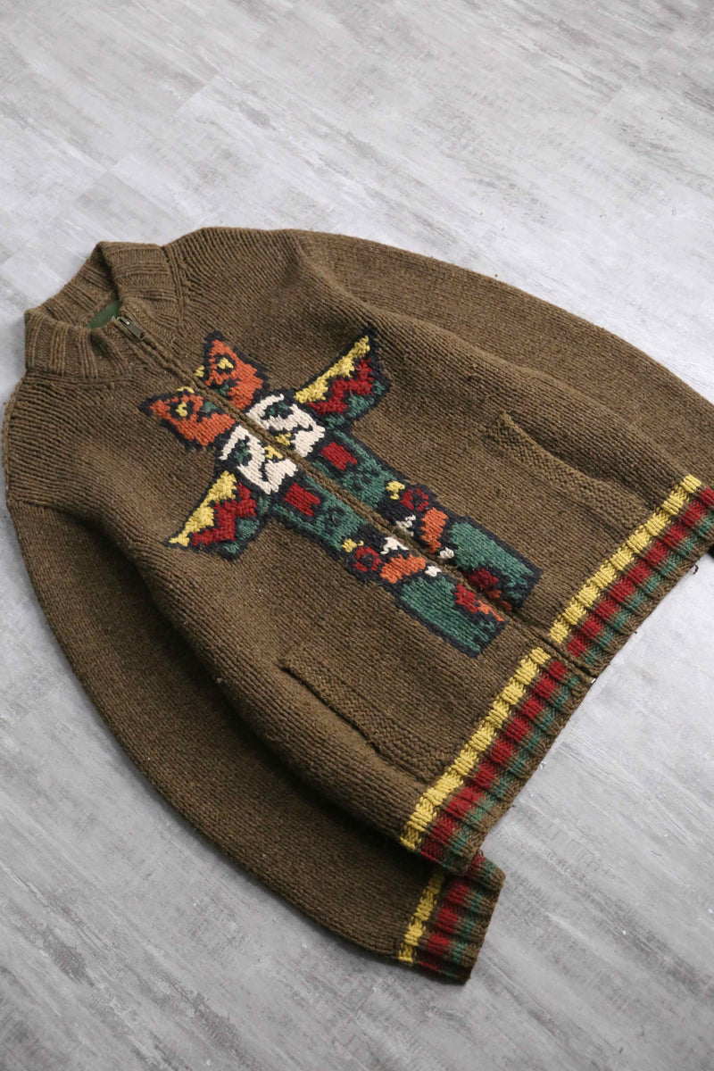 "Eddie Bauer" totempole design wool hand knit zip jacket