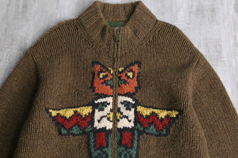 "Eddie Bauer" totempole design wool hand knit zip jacket