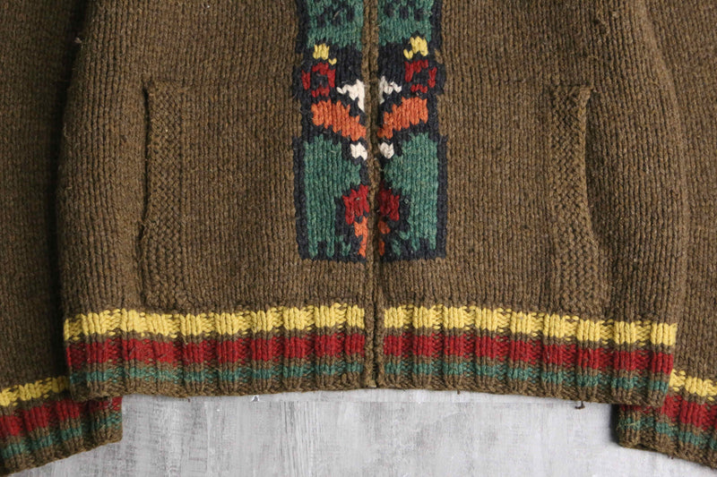 "Eddie Bauer" totempole design wool hand knit zip jacket