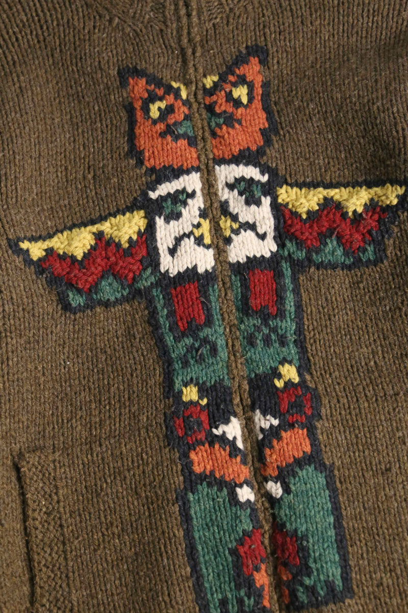 "Eddie Bauer" totempole design wool hand knit zip jacket
