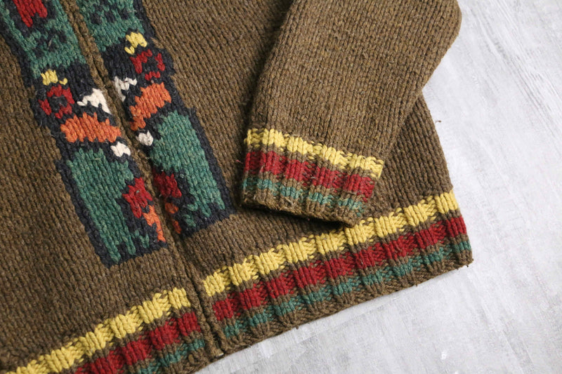 "Eddie Bauer" totempole design wool hand knit zip jacket