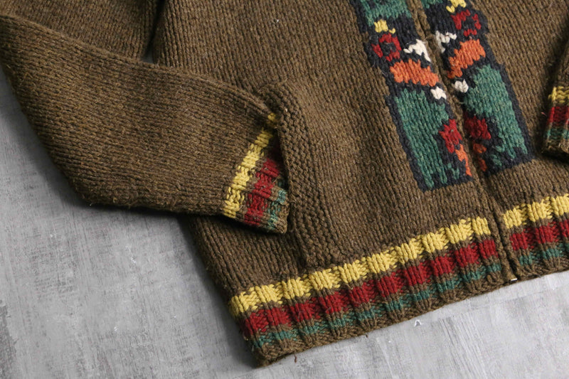 "Eddie Bauer" totempole design wool hand knit zip jacket