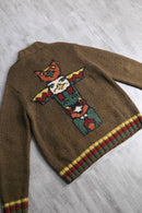 "Eddie Bauer" totempole design wool hand knit zip jacket