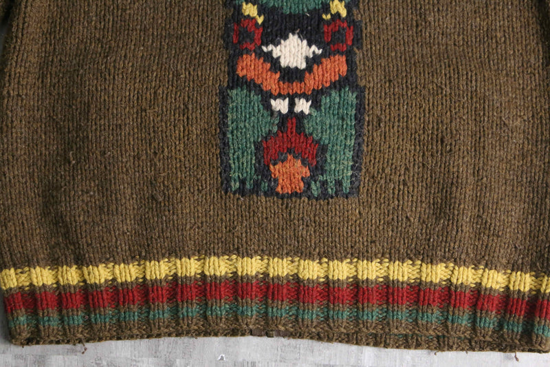 "Eddie Bauer" totempole design wool hand knit zip jacket