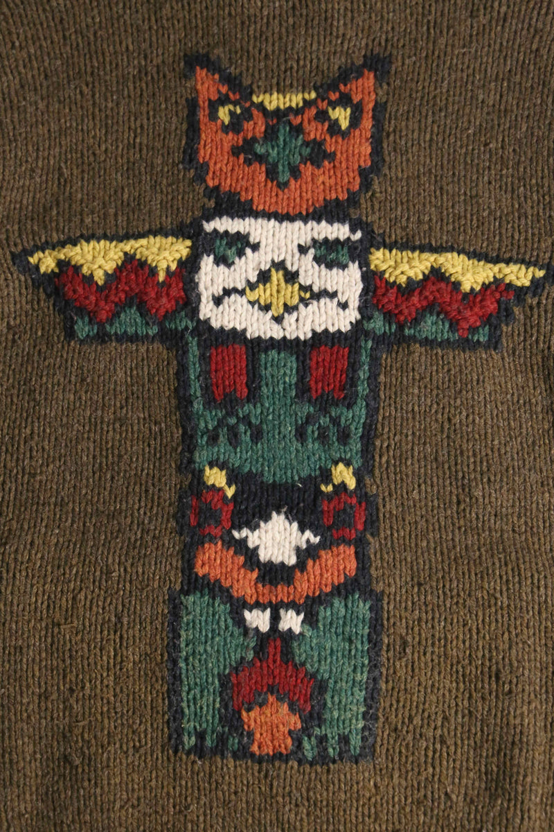 "Eddie Bauer" totempole design wool hand knit zip jacket