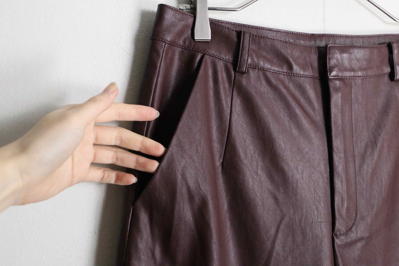 wine red color wide leather pants