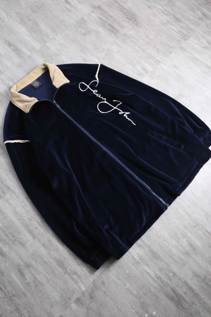 ”Sean John” navy color logo emb velours track jacket