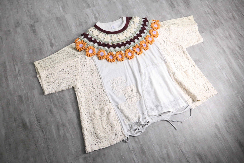 "Re:make" crochet knit & lace flower design docking Tee
