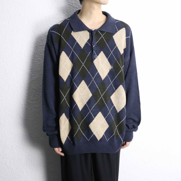 navy argyle pattern knit polo