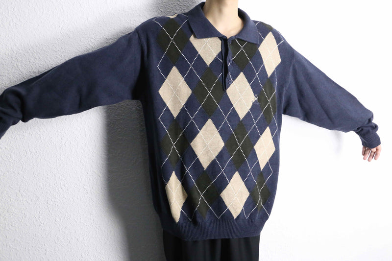 navy argyle pattern knit polo