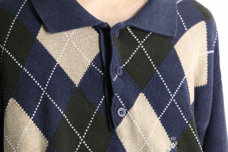 navy argyle pattern knit polo