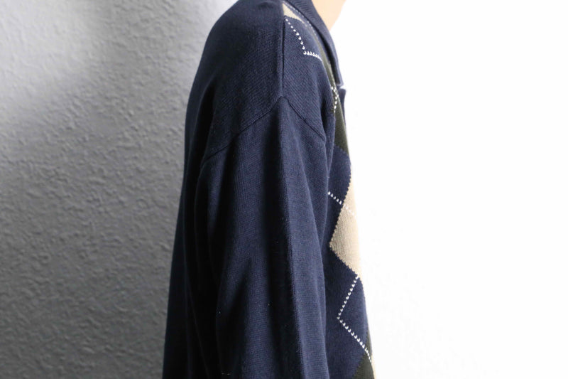 navy argyle pattern knit polo