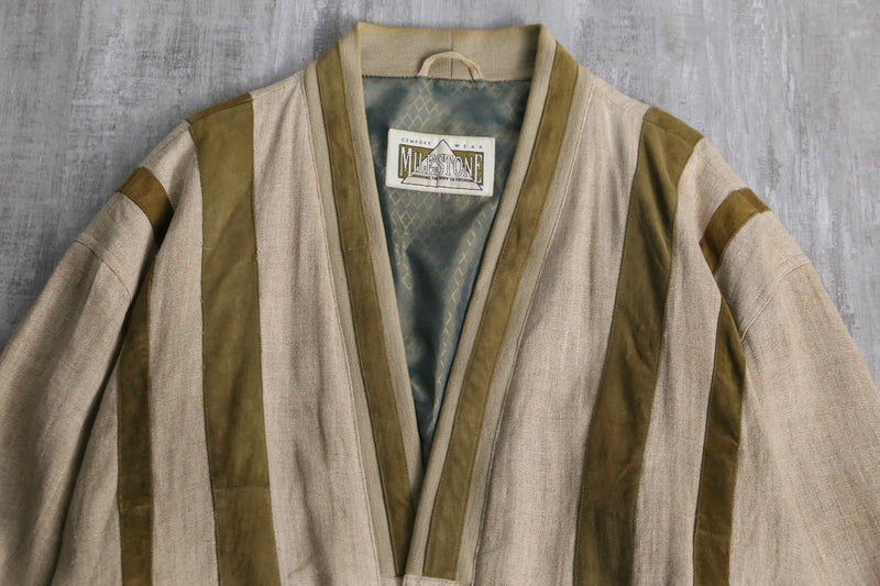 beige base linen rayon × leather cardigan