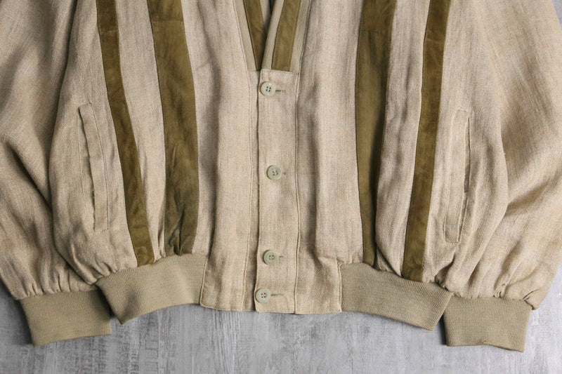 beige base linen rayon × leather cardigan