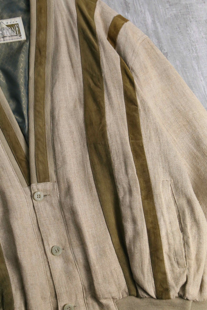 beige base linen rayon × leather cardigan