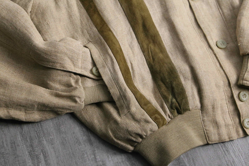 beige base linen rayon × leather cardigan