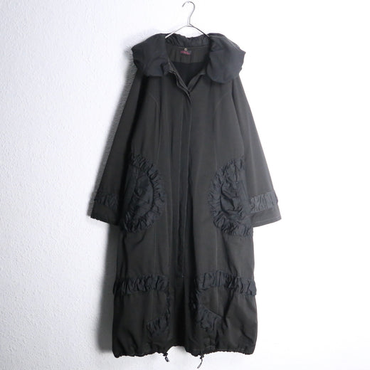 90-00s black ruffle trim sculptural collar long coat
