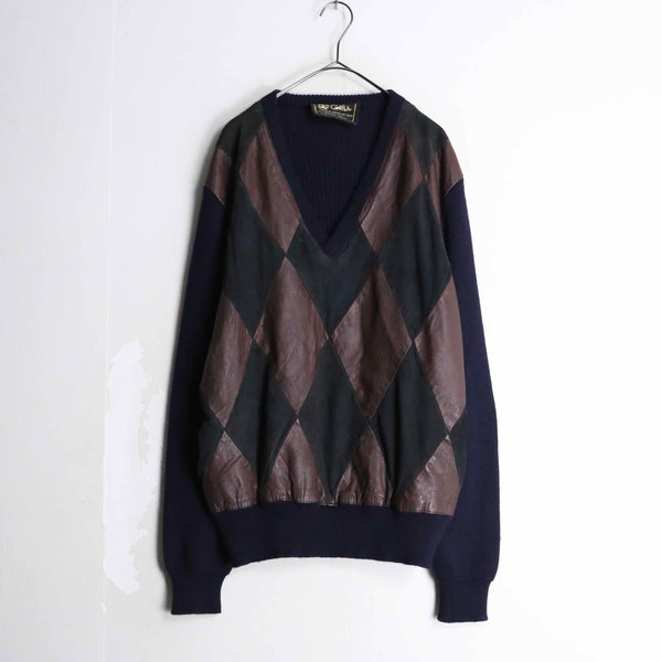 “GALILLA” brown argyle check leather  knit