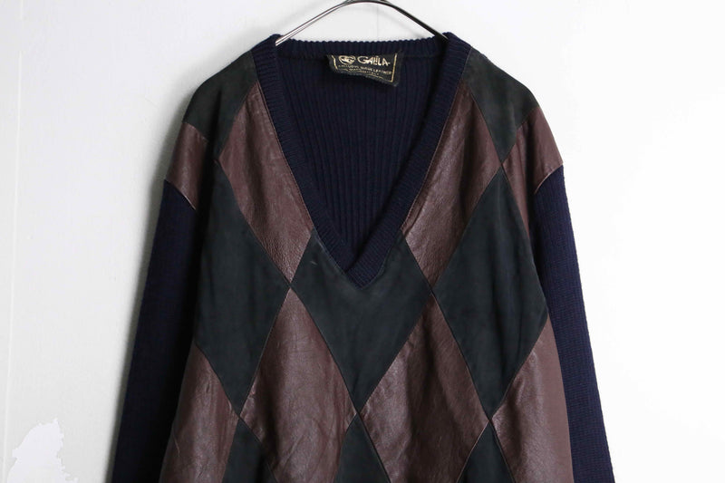 “GALILLA” brown argyle check leather  knit