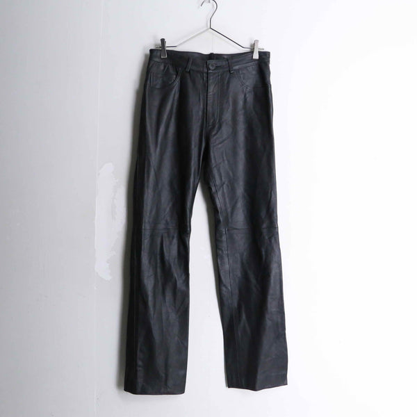 matte black real leather straight pants