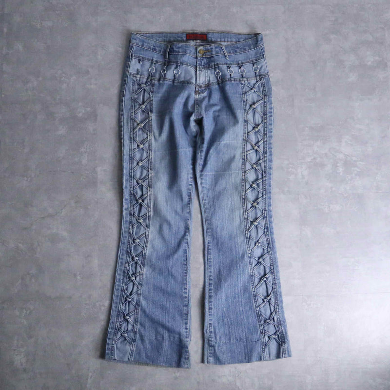 lace up design flare denim pants